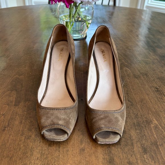 Prada Shoes - Prada Peep Toe Espadrille Wedges Brown Suede Size 39 / 9